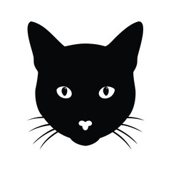 Simple black cat face silhouette with white eyes and whiskers illustration, cat head silhouette vector illustration