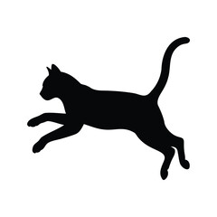 Silhouette of a black cat leaping with its tail upright on white background, cat jumping silhouette vector illustration