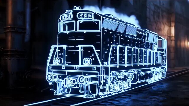 A glowing blue neon outline of a diesel locomotive on railway tracks