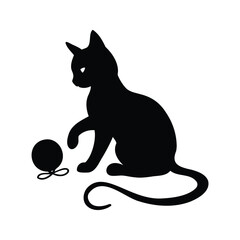 Black silhouette of a cat playing with a ball of yarn on white, cat playing with yarn silhouette vector illustration
