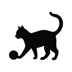 Silhouette of a playful black cat batting at a small ball toy, cat playing with ball silhouette vector illustration