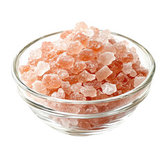 Pink Himalayan Salt in Glass Bowl Natural Mineral Crystals isolated on a white background