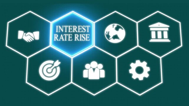 Businessman pressing a futuristic digital button with INTEREST RATE RISE concept, finance, banking, economic change, investment, and market strategy
