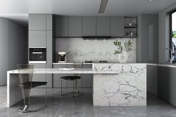 Interior of the kitchen features a stainless steel washing sink, a ceramic top in the corner for freshness, wooden countertops, gray shelves for additional storage. Mockup. 3D Rendering