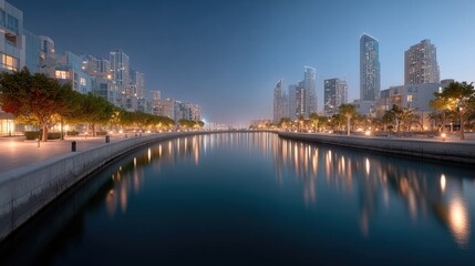 Naklejka premium Night City Skyline Reflection with Cinematic HDR Urban Photography and Teal Water Lit Buildings and Trees along Embankment at Twilight