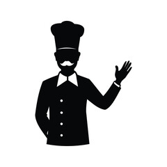Silhouette of a cheerful chef with a mustache and a chef's hat, chef greeting customer silhouette vector illustration