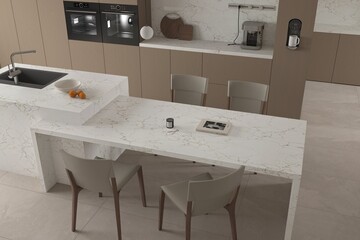 Minimalistic modern kitchen with ceramic countertop, beige shelfs, table, chairs and parquet floor, marble floor. 3D Illustration. 3D Rendering