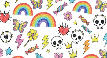 Vector art of seamless pattern of colorful handdrawn doodle elements