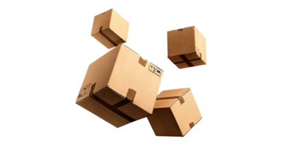 Several light brown cardboard boxes, stacked and loosely grouped, appear to be in mid-air