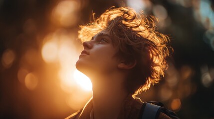 Sunlit forest youth's upward gaze and nature's inspiring portrait