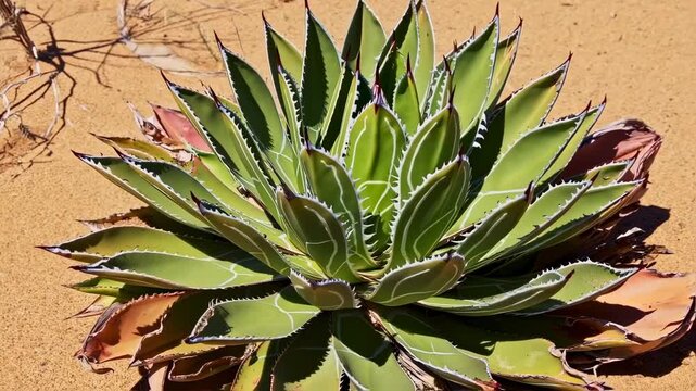 Desert agave plant with spiky leaves in sand