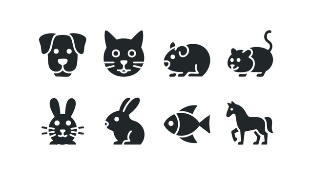 Collection of stylized black pet and animal silhouette icons. Vector hand drawn illustration