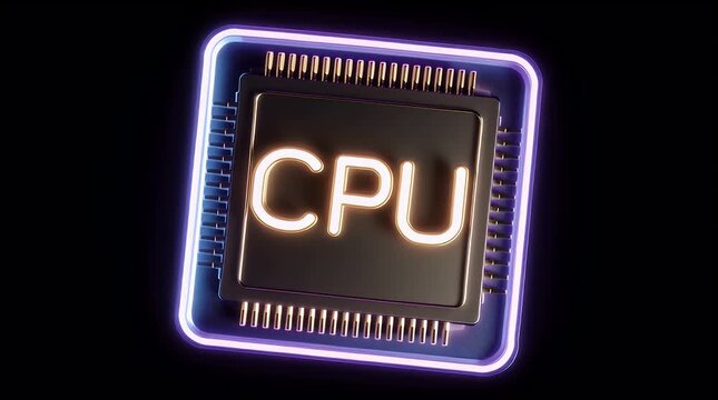 Close up of a glowing CPU chip with neon lights.