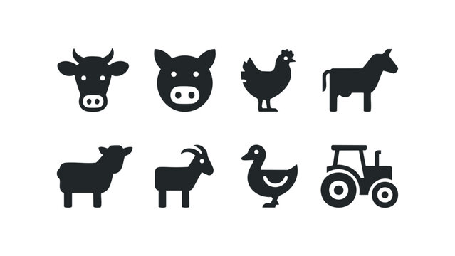 Collection of Farm Animal and Tractor Icons. Vector hand drawn illustration