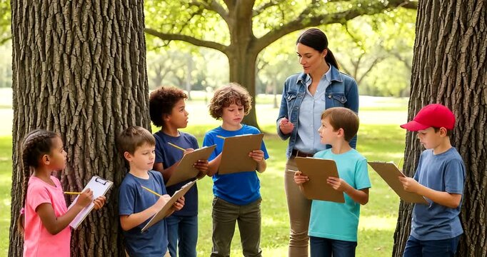 Diverse Students Learning About Nature with Teacher Outdoor in Summer Day
