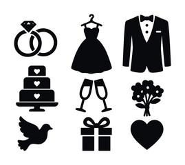 Wedding icons: rings, dress, tuxedo, cake, glasses, bouquet, dove, gift, heart