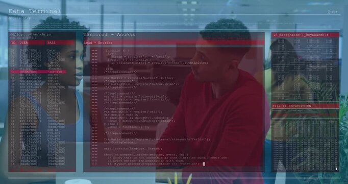 Tech team reviewing script over laptop as Data Terminal overlay fading decrypting data for access