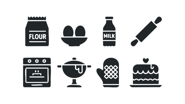 Baking ingredients and tools simple icons collection. Vector hand drawn illustration