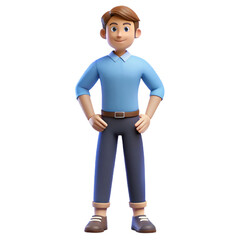 Fototapeta premium 3d cartoon character in blue shirt and jeans standing confidently isolated on transparent background