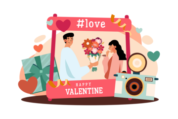 Celebrating Valentine's Day with a Love Frame Featuring a Couple Flower Bouquet and a Gift Box Against a Transparent Background