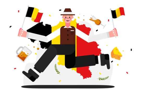 Celebrating Belgium National Day with Man in Traditional Outfit Against Belgium Map Isolated on Transparent Background with Decorative Elements