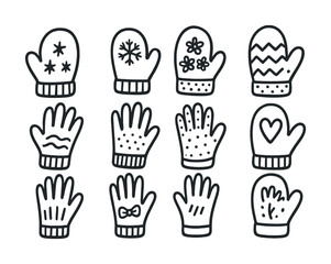 Collection of hand-drawn winter gloves and mittens with patterns