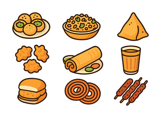 Indian snacks illustration featuring samosa, dosa, jalebi, pani puri, and more