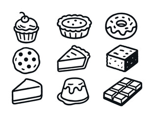 Assorted desserts: cupcake, pie, donut, cookie, cake, brownie, chocolate bar, and more