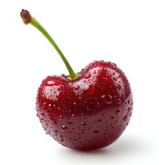 Single Ripe Red Cherry with Water Droplets on White Background