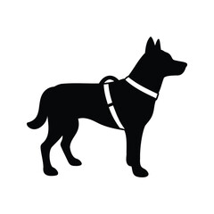 Black silhouette of a harnessed dog standing on a white background, dog wearing harness silhouette vector illustration