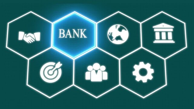 Businessman pressing a futuristic digital button with BANK concept, finance, money management, corporate banking, investment, and economic growth.