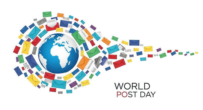 Globe with colorful envelopes for World Post Day