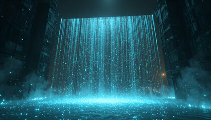 A futuristic waterfall of blue light cascading down in a dark, cavernous space