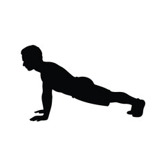 Silhouette of a muscular man performing a pushup exercise with focus, man in plank pose silhouette vector illustration