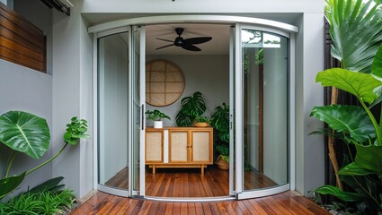 a modern, stylish outdoor-indoor living space with a seamless transition between the patio and the interior. 