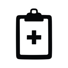 Medical clipboard with a plus sign indicating health record information, medical clipboard silhouette vector illustration