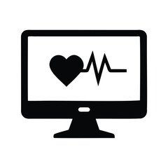 Heartbeat displayed on a computer monitor, health and wellness visualization, medical computer screen silhouette vector illustration