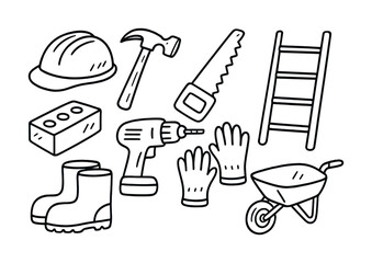 Hand-drawn construction tools illustration featuring hammer, saw, drill, hard hat, brick, ladder, gloves, wheelbarrow, boots