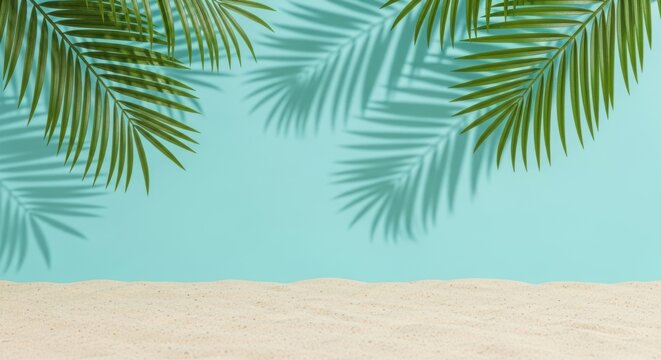Tropical palm frond shadows overlay on serene light blue and sand textured background