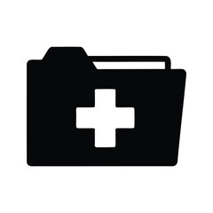 Medical records folder with white plus sign for health information storage, medical file folder silhouette vector illustration