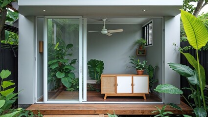 a modern, stylish outdoor-indoor living space with a seamless transition between the patio and the interior. 