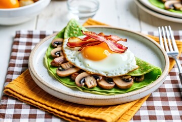 Savory breakfast dish with egg and bacon home kitchen food photography cozy atmosphere top-down view culinary delight