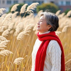Joyful woman enjoying nature in a field of tall grass outdoor lifestyle serene environment close-up perspective
