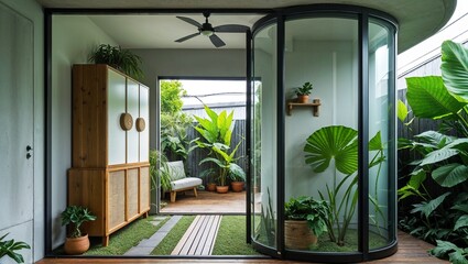 a modern, stylish outdoor-indoor living space with a seamless transition between the patio and the interior. 