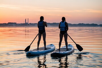 Stand-up paddleboarding adventure at sunrise on serene lake outdoor activity tranquil environment captivating view