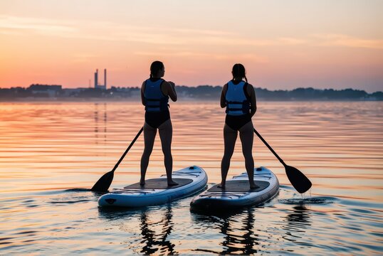Stand-up paddleboarding adventure at sunrise on serene lake outdoor activity tranquil environment captivating view