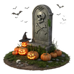 Obraz premium Halloween tombstone with pumpkins and bats isolated on transparent background
