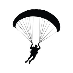 A silhouette of a person paragliding with a parachute against a white backdrop, paragliding silhouette vector illustration