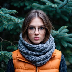 Charming young woman in cozy attire lush forest portrait photography autumn vibes close-up lifestyle inspiration