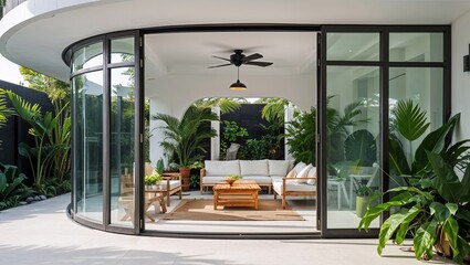 a modern, stylish outdoor-indoor living space with a seamless transition between the patio and the interior. 